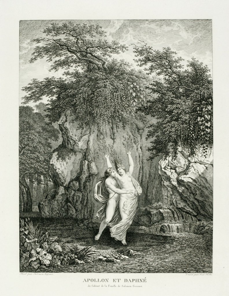 Guillaume Kolbe podle Salomona Gessnera, Apollon a Dafné, 1807, lept, papír; 600 × 450 mm, Arcibiskupství olomoucké – Arcidiecézní muzeum Kroměříž