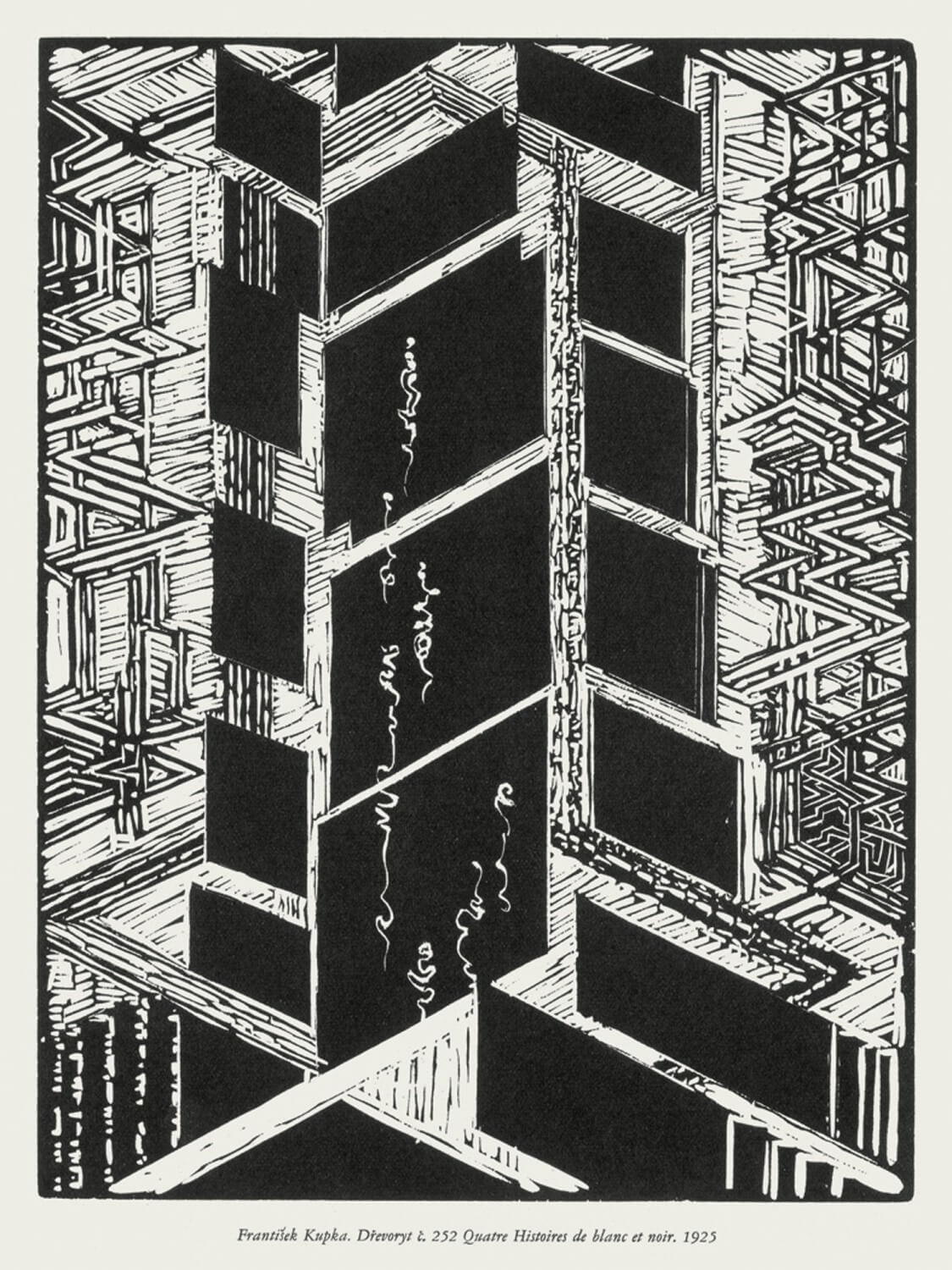 František Kupka, Čtyři příběhy bílé a černé, 1925, dřevoryt (xylografie); 277mm×203 mm. Získáno 1959, Muzeum umění Olomouc