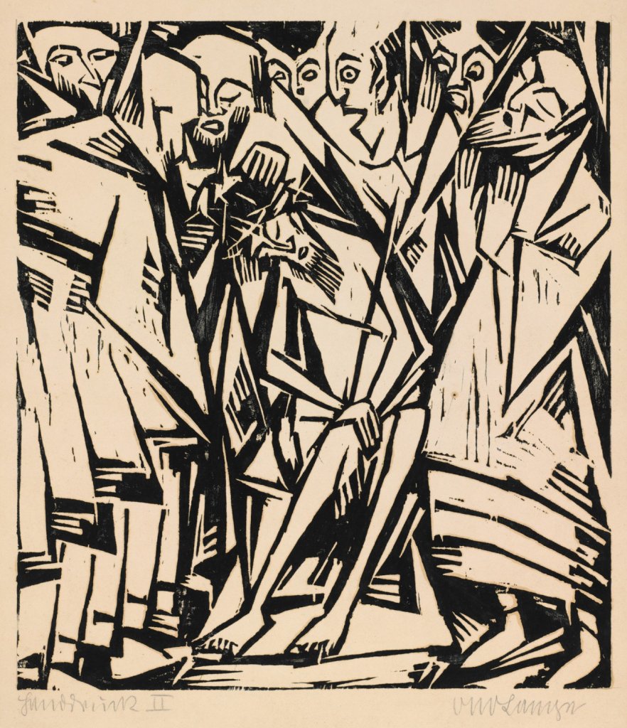 Otto Lange, Dornenkrönung (Korunování trním), nedat. (1916), dřevoryt, papír; 525 mm×465 mm; 687 mm×550 mm. Získáno 2009, Muzeum umění Olomouc