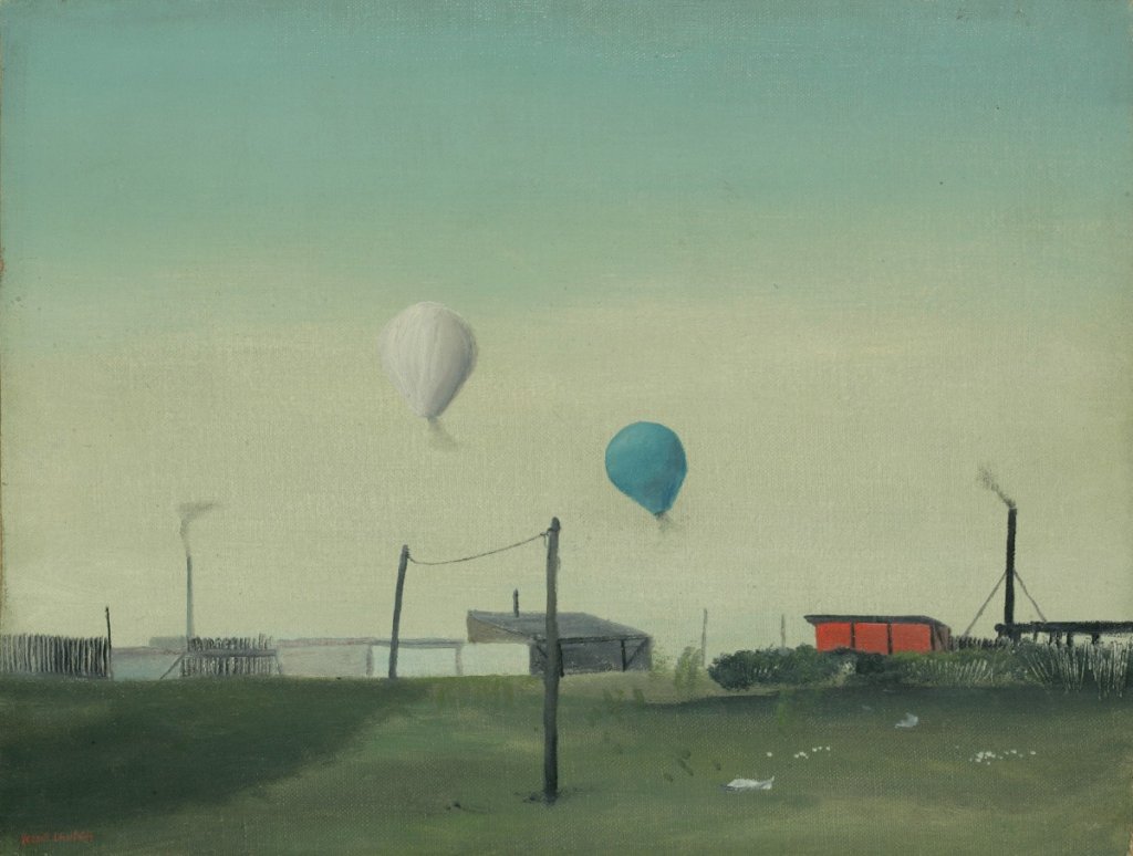 Kamil Lhoták, Dvě Montgolfiéry, 1942, olej, plátno, lepenka; 30×40 cm. Získáno 1965, Muzeum umění Olomouc