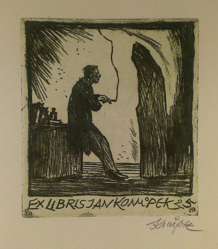 Jan Konůpek, Ex libris Jan Konůpek, 1925, měkký kryt, papír, 116×104 mm, 200×150 mm, Muzeum umění Olomouc