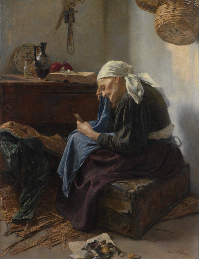 Josef Köpf, Stařenčiny vzpomínky, 1893, olej, plátno, 89 × 68 cm, Muzeum umění Olomouc