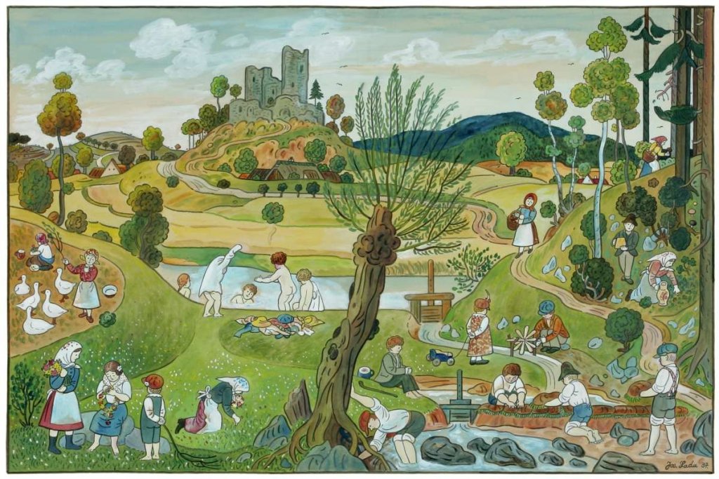 Josef Lada, Letní dětské hry, 1937, tuš, pero, kvaš, lepenka; 70,6×101,7 cm. Značeno: „Jos. Lada 37“. Získáno 1951–1953, MUO
