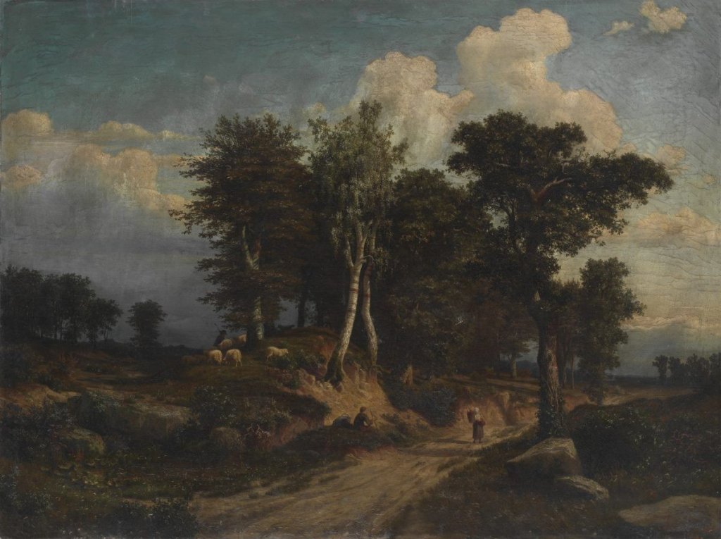 Joseph Jansen, Krajina s pasákem ovcí, starými stromy a úvozem, 1854, olej, plátno; 86 x 115. Značeno a datováno vpravo dole: Jos. Jansen / 1854. //. Na napínacím rámu nápis (tužkou): Dr. Leopold Mutner Olmütz a čtyři staré papírové štítky: jeden s textem (perem): Jos. Jansen … a další tři se starými inv. čísly: Inv. Nr. 3194 / E 1476, 102835/300 a 399 Městské museum hl. města Olomouce. – Na zadní straně plátna staré číslo: 29 (žlutou křídou). Provenience: obraz byl získán v roce 1944. Muzeum umění Olomouc