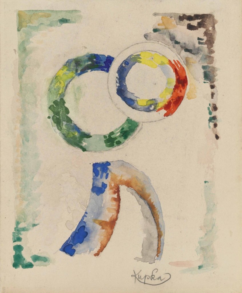 František Kupka, Kompozice s kruhy (Studie k obrazu Sladkost žití), 1929, tužka, akvarel, papír; 250×205 mm. Získáno 1959, Muzeum umění Olomouc