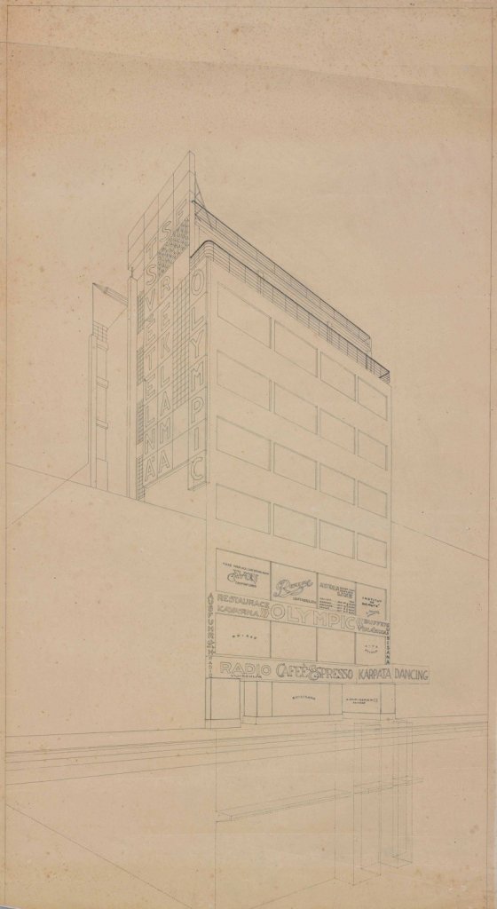 Jaromír Krejcar, Obchodní dům Olympic v Praze, 1925–1927, tisk černou barvou, lepenka; 940×565 mm. Muzeum umění Olomouc