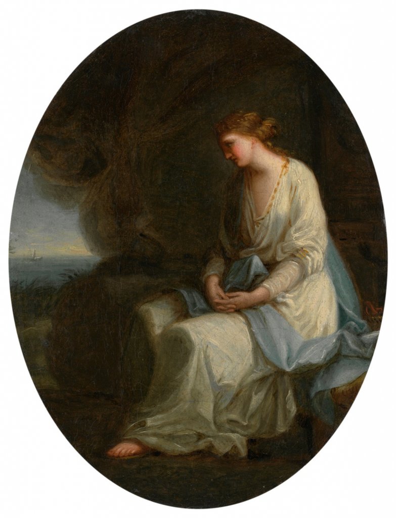 Angelika Kauffmannová – připsáno, Truchlící Kalypsó, kolem 1775–1778, olej, plátno; ovál 27×21 cm, Muzeum umění Olomouc