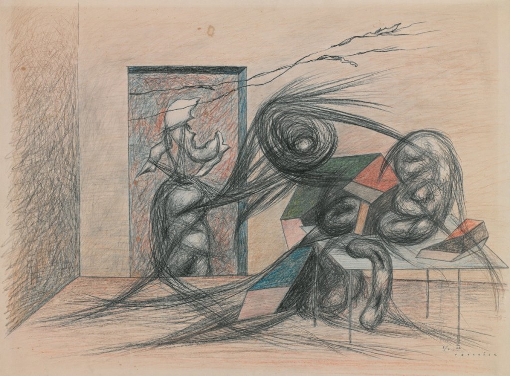 František Janoušek, Varianta k Večernímu máji, 1936, uhel, pastel, papír; 582×740 mm. Získáno 1981, Muzeum umění Olomouc