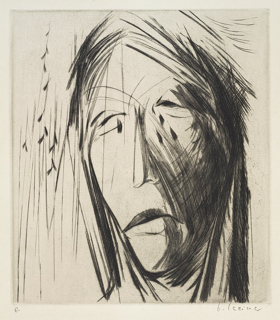 Bohdan Lucina, Ženy v rouškách 6., 1943, suchá jehla, papír; 350mm×250mm; 216 mm×190mm. Získáno 2011, Muzeum umění Olomouc