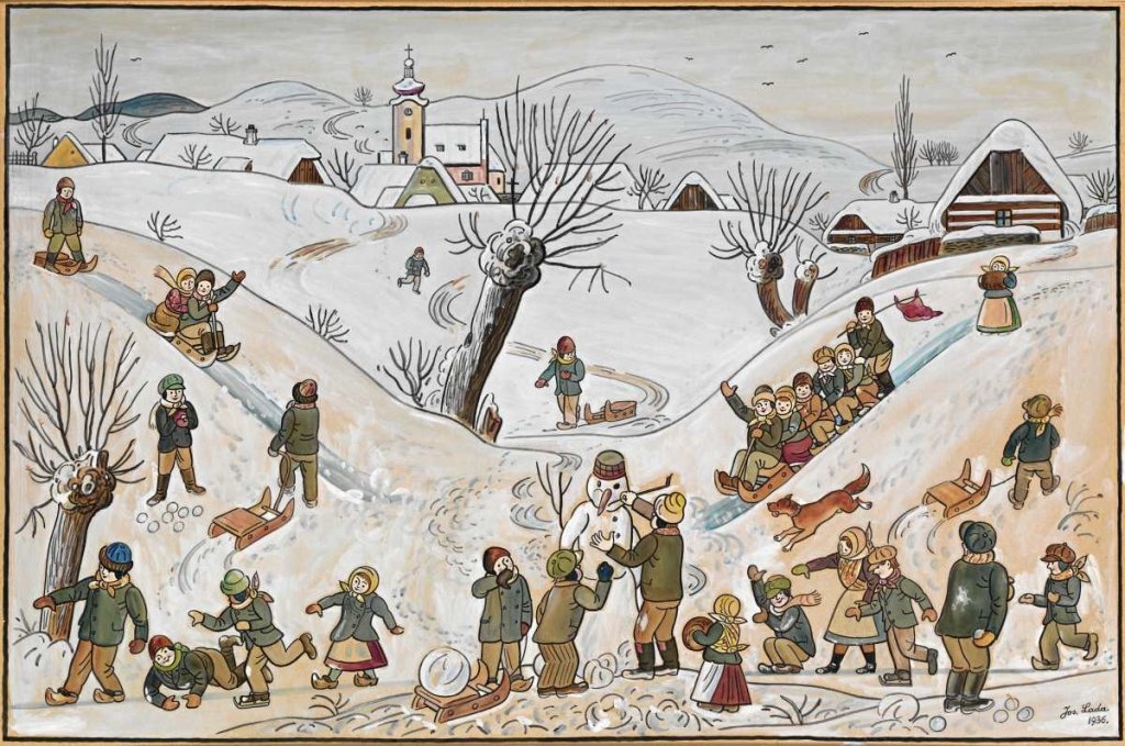 Josef Lada, Zimní radovánky, 1936, kvaš, tempera, lepenka; 58,5 × 88,5 cm. Značeno: „Jos. Lada 1936“. Získáno 2012, MUO