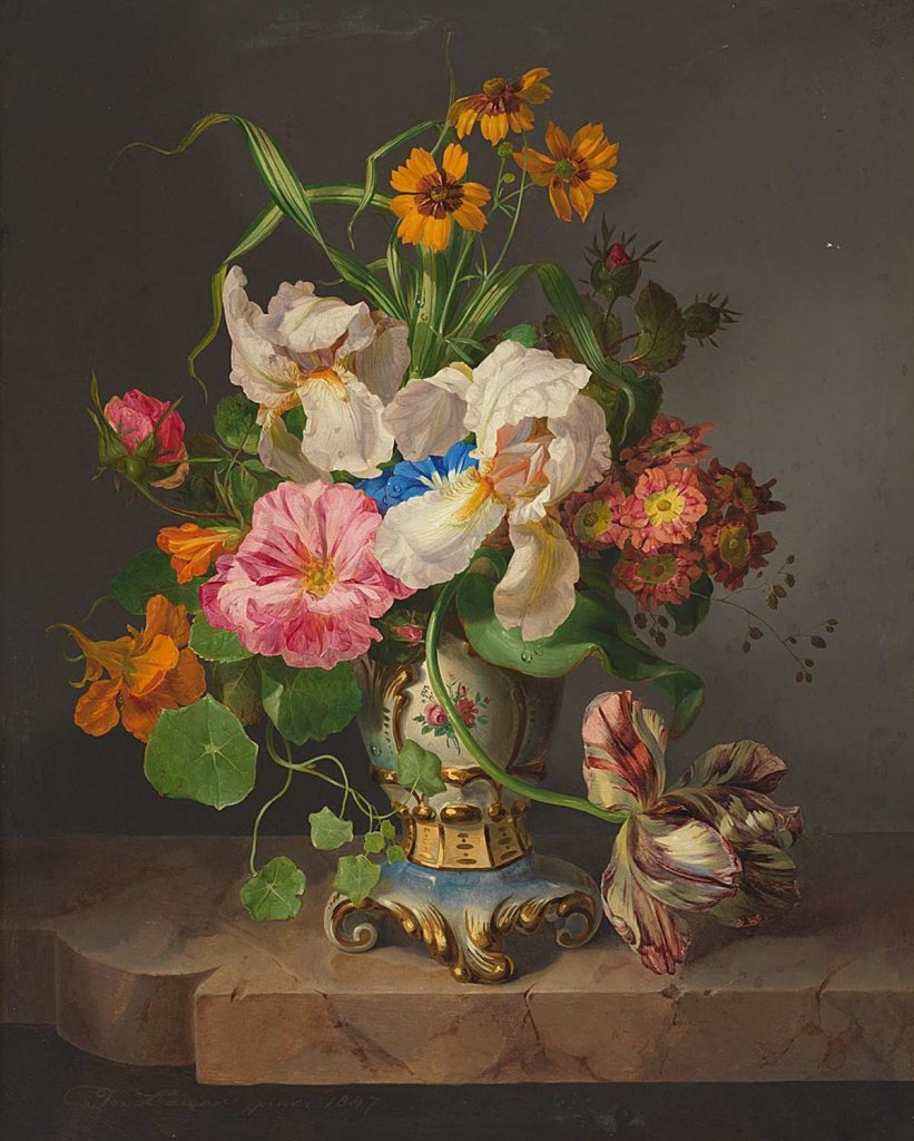 Josef Lauer, Zátiší s kosatci, tulipánem a lichořeřišnicí, 1847, olej, plátno; 52,5 x 42,5 cm. Značeno a datováno vlevo dole: Jos: Lauer pinx: 1847. Arcibiskupství olomoucké