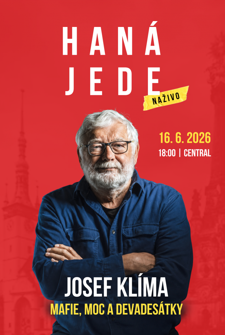 Plakát k podcastu HanáJede Naživo – Josef Klíma: Mafie, moc a devadesátky