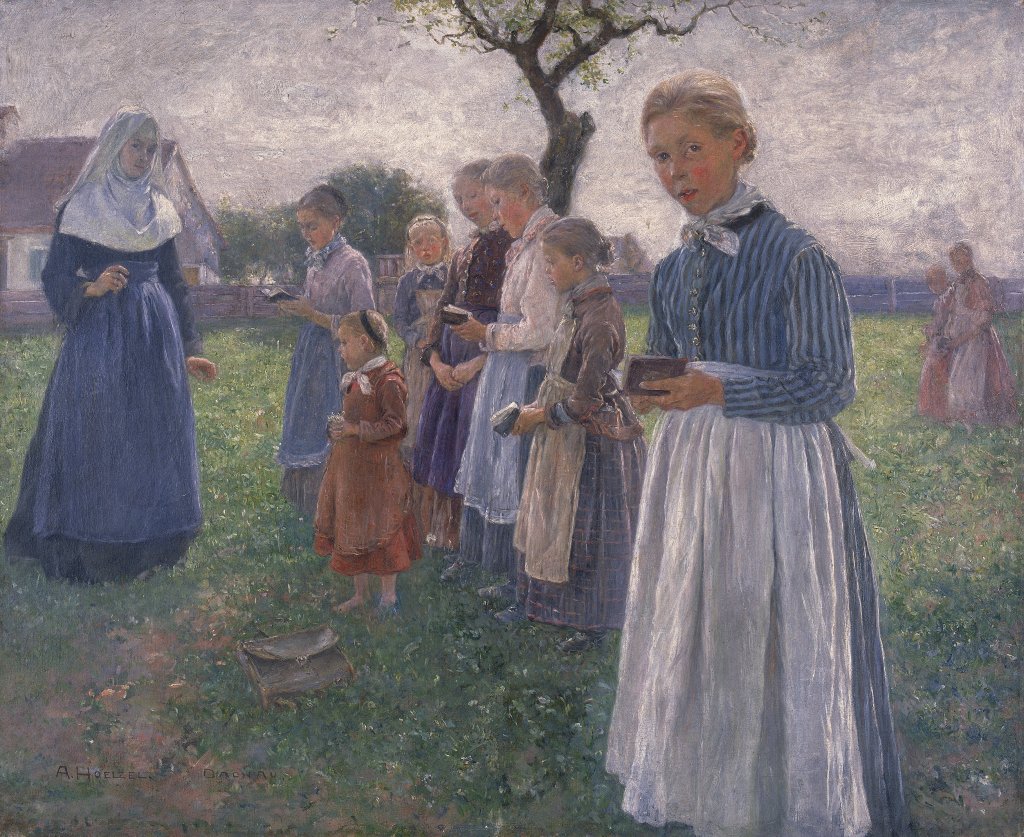 Adolf Hölzel, V klášterní zahradě (Zpívající děti s jeptiškou), 1905, olej, plátno, 50 × 61 cm. Značeno vlevo dole: A. HOELZEL. DACHAU.Na napínacím rámu kovový štítek: 108 / AD. HÖLZEL 1905 / ZPÍVAJÍCÍ DĚTI. //.Muzeum umění Olomouc